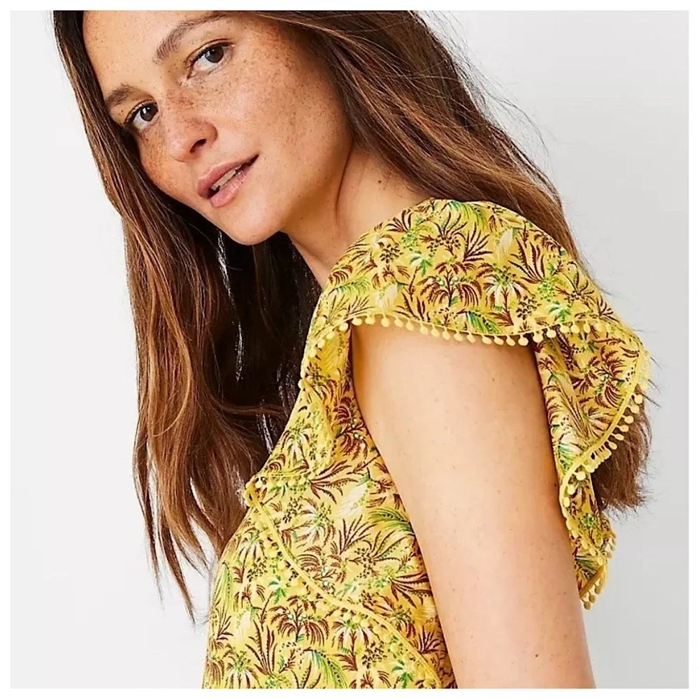 Ann Taylor Yellow Tropical Palm Print Maxi Dress Flutter Sleeve Pom‎ Pom Medium